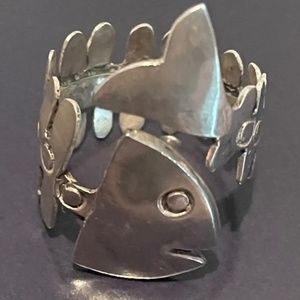 Stunning Vintage Taxco Mexico Fish Skeleton Sterling Silver Wrap Adjustable Stat
